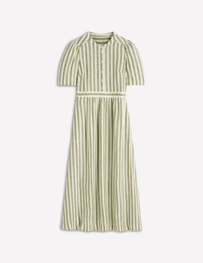 Ivy Linen Midi Dress Olive, Ivory Stripe Ivy Linen Midi Dress Olive, Ivory Stripe