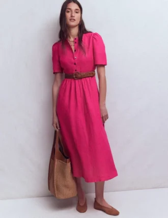Ivy Linen Midi Dress Pink Peony