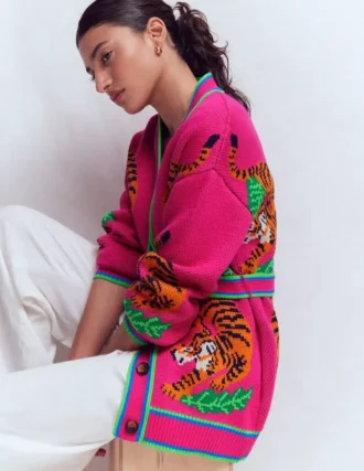 Jacquard Belted Cardigan Pink Yarrow Tigers
