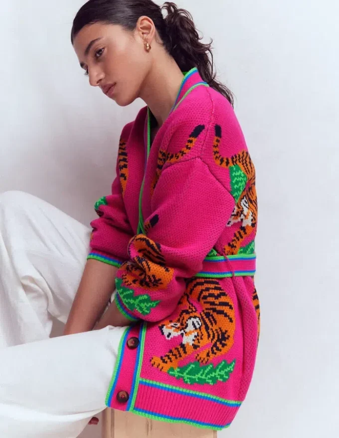 Jacquard Belted Cardigan Pink Yarrow Tigers Jacquard Belted Cardigan Pink Yarrow Tigers