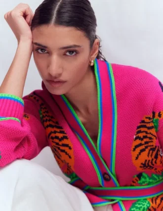 Jacquard Belted Cardigan Pink Yarrow Tigers