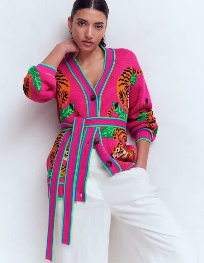 Jacquard Belted Cardigan Pink Yarrow Tigers Jacquard Belted Cardigan Pink Yarrow Tigers