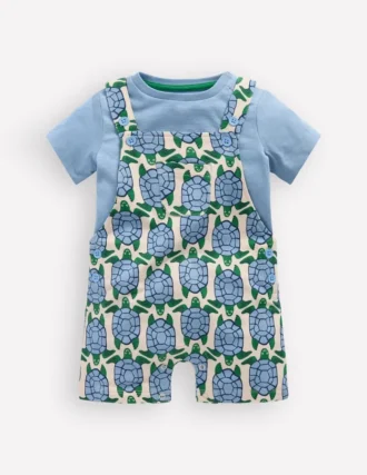 Jersey Short Dungaree Set Blue Geo Turtles