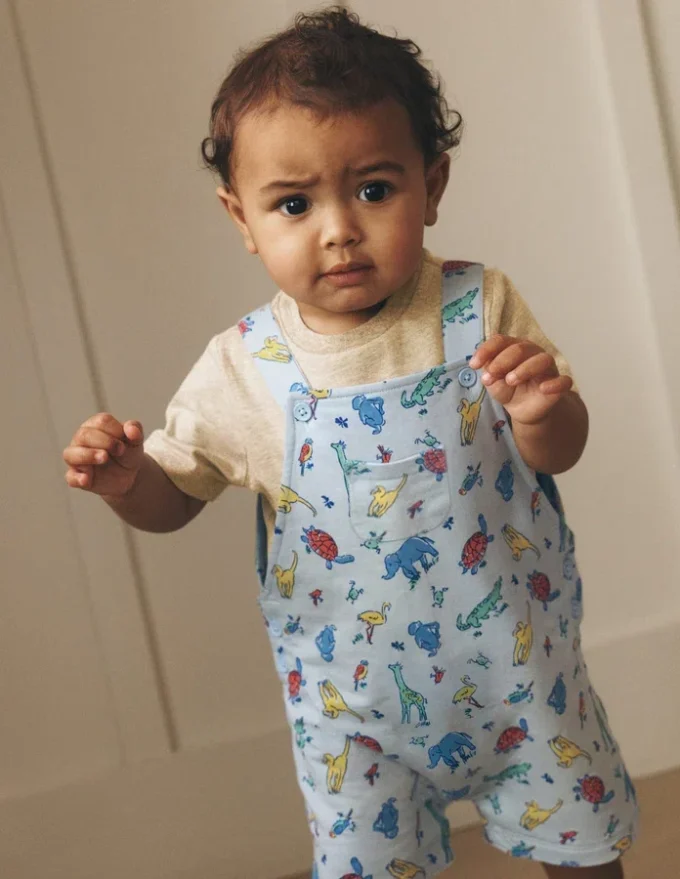 Jersey Short Dungaree Set Blue Multi Jungle Animals