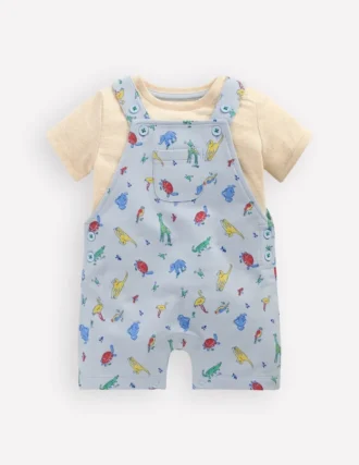 Jersey Short Dungaree Set Blue Multi Jungle Animals