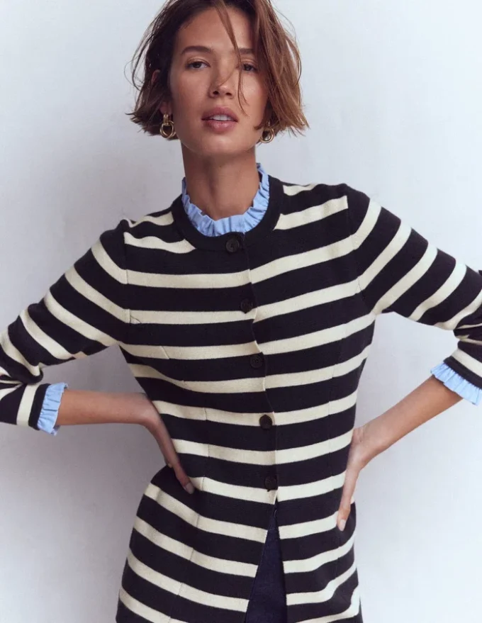 Joanna Fitted Knitted Jacket Navy/ Warm Ivory Stripe Joanna Fitted Knitted Jacket Navy/ Warm Ivory Stripe