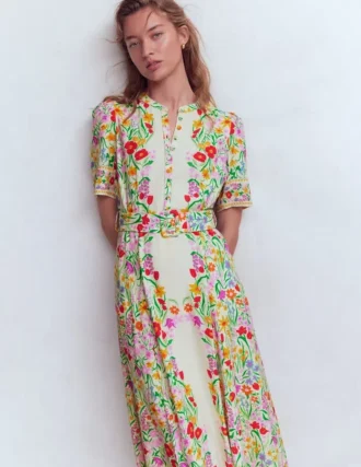 Kate Puff Sleeve Belted Dress Ivory, Elegant Garden