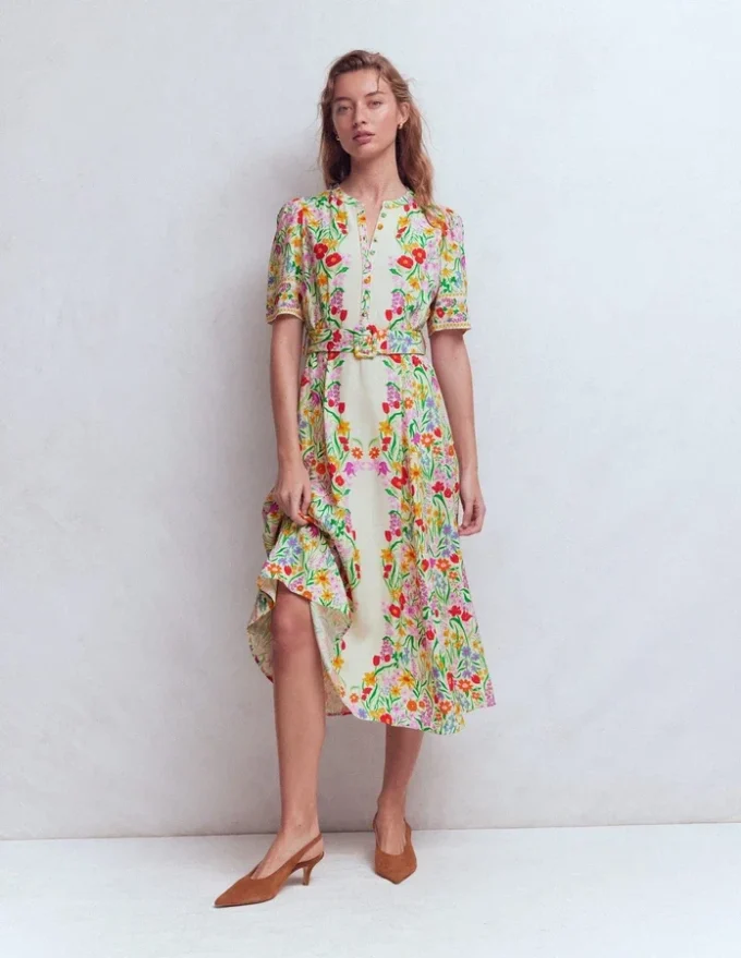 Kate Puff Sleeve Belted Dress Ivory, Elegant Garden Kate Puff Sleeve Belted Dress Ivory, Elegant Garden