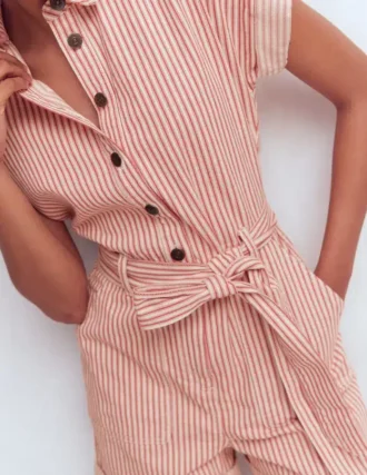 Kay Denim Playsuit Red Tram Stripe