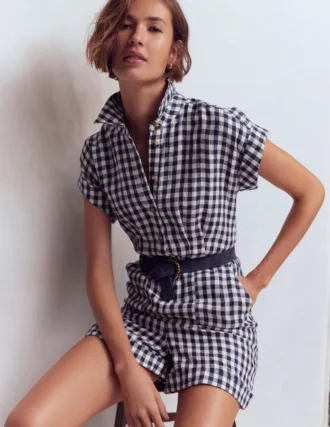 Kay Linen Playsuit Navy, Ivory Gingham