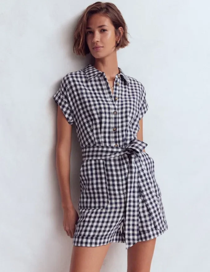 Kay Linen Playsuit Navy, Ivory Gingham Kay Linen Playsuit Navy, Ivory Gingham