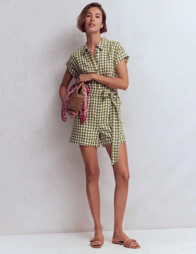 Kay Linen Playsuit Olive, Ivory Gingham Kay Linen Playsuit Olive, Ivory Gingham