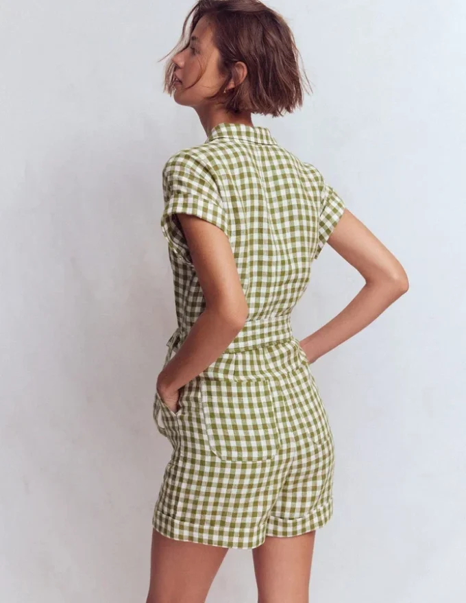 Kay Linen Playsuit Olive, Ivory Gingham Kay Linen Playsuit Olive, Ivory Gingham