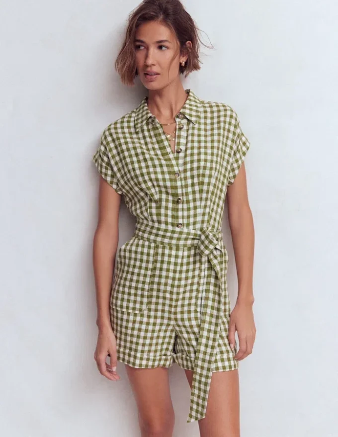 Kay Linen Playsuit Olive, Ivory Gingham Kay Linen Playsuit Olive, Ivory Gingham