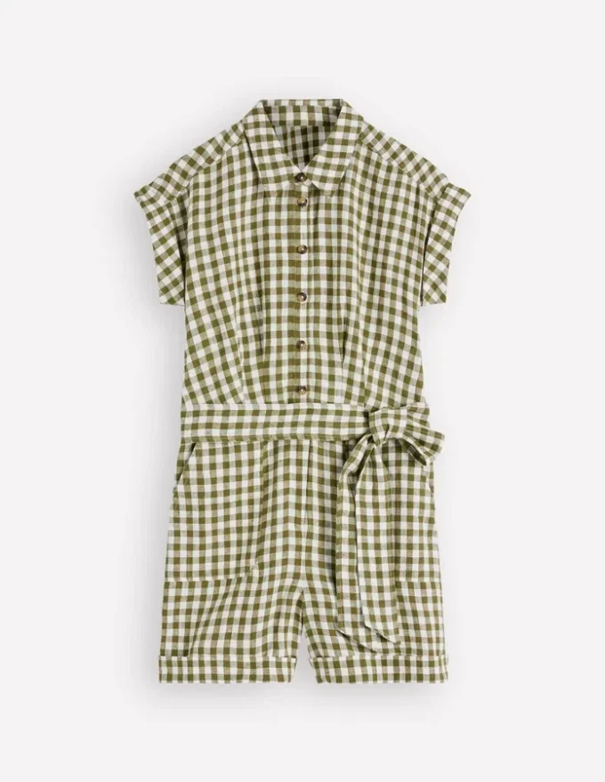 Kay Linen Playsuit Olive, Ivory Gingham Kay Linen Playsuit Olive, Ivory Gingham