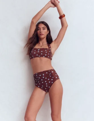 Kythira Ruched Bikini Bottoms Chocolate And Blue Painted Dot