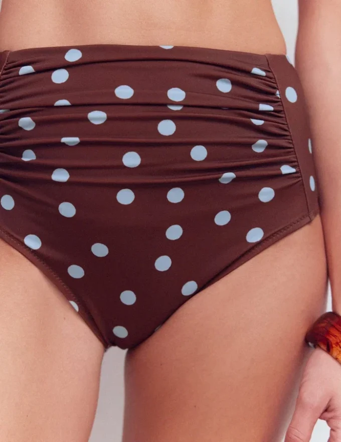 Kythira Ruched Bikini Bottoms Chocolate And Blue Painted Dot