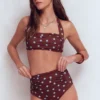 Kythira Ruched Bikini Bottoms Chocolate And Blue Painted Dot