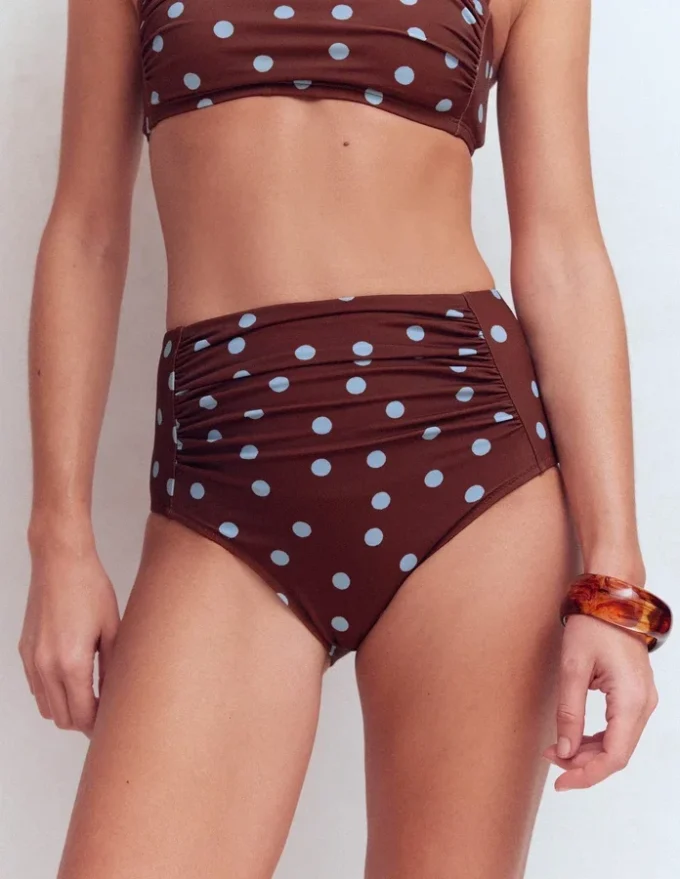 Kythira Ruched Bikini Bottoms Chocolate And Blue Painted Dot