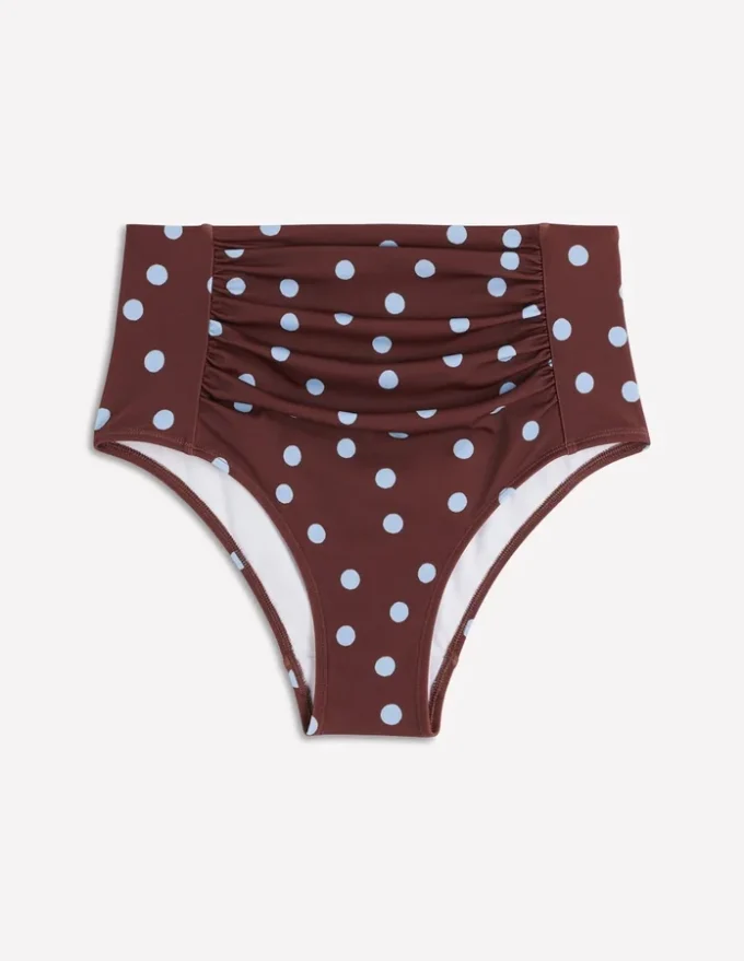 Kythira Ruched Bikini Bottoms Chocolate And Blue Painted Dot
