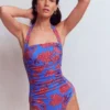 Kythira Ruched Swimsuit Blue, Elegant Blossom