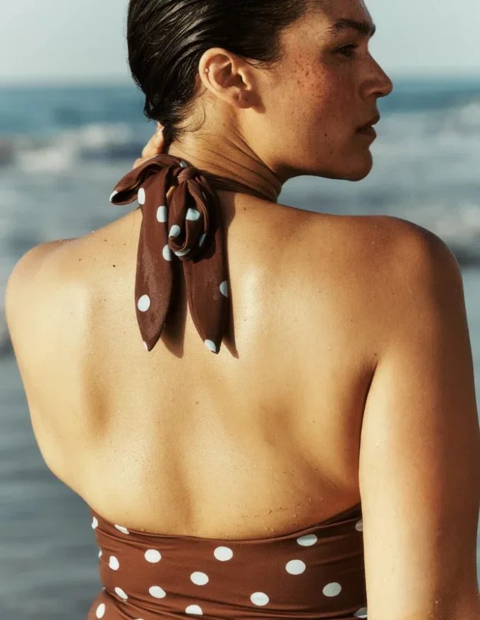 Kythira Ruched Swimsuit Chocolate and Blue Painted Dot