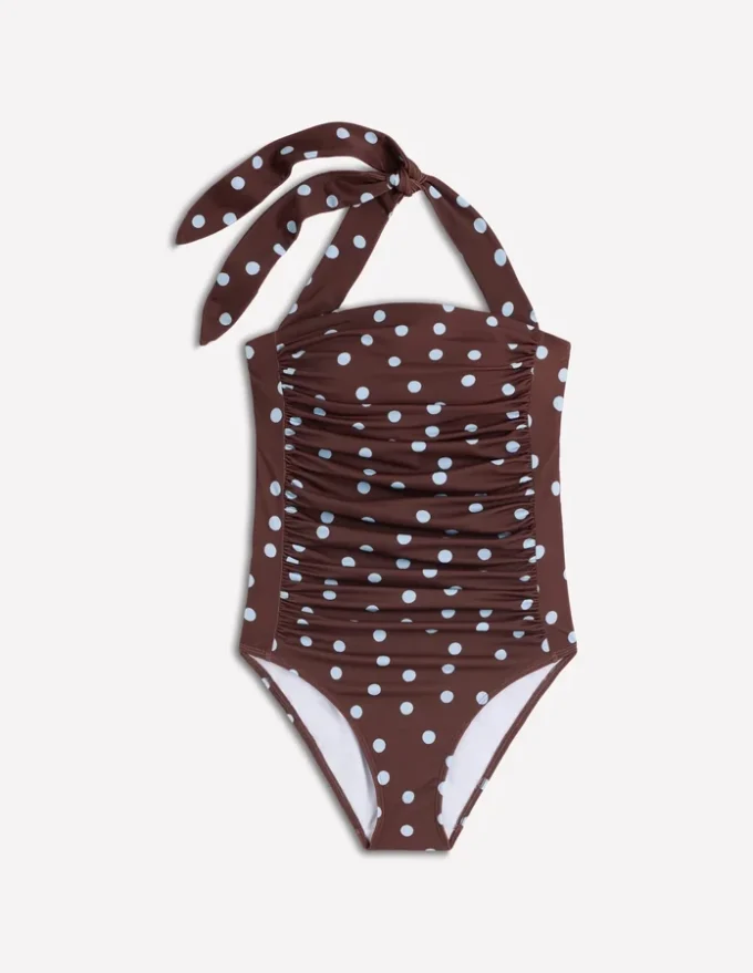 Kythira Ruched Swimsuit Chocolate and Blue Painted Dot