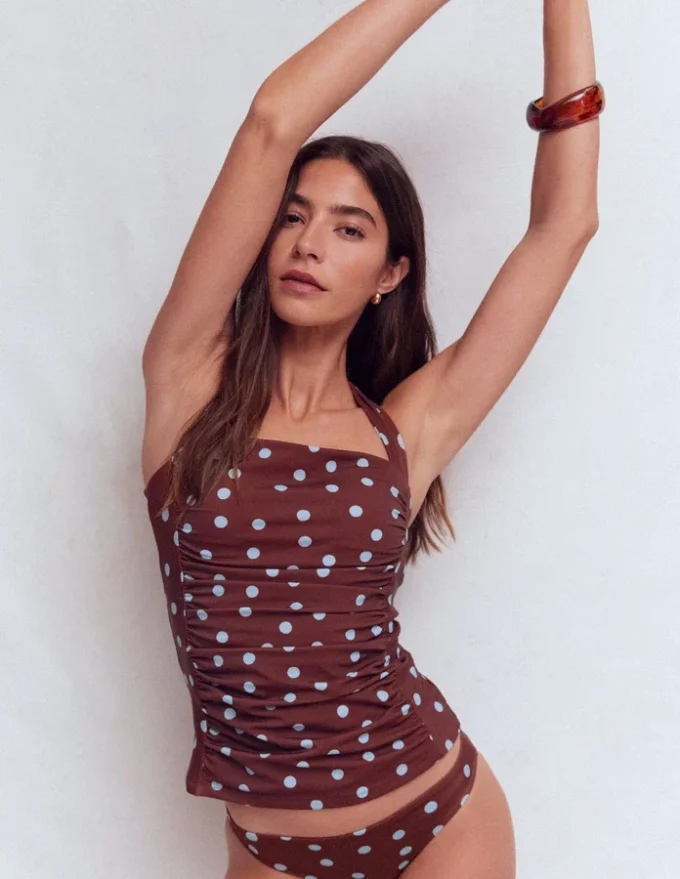 Kythira Ruched Tankini Chocolate and Blue, Dot