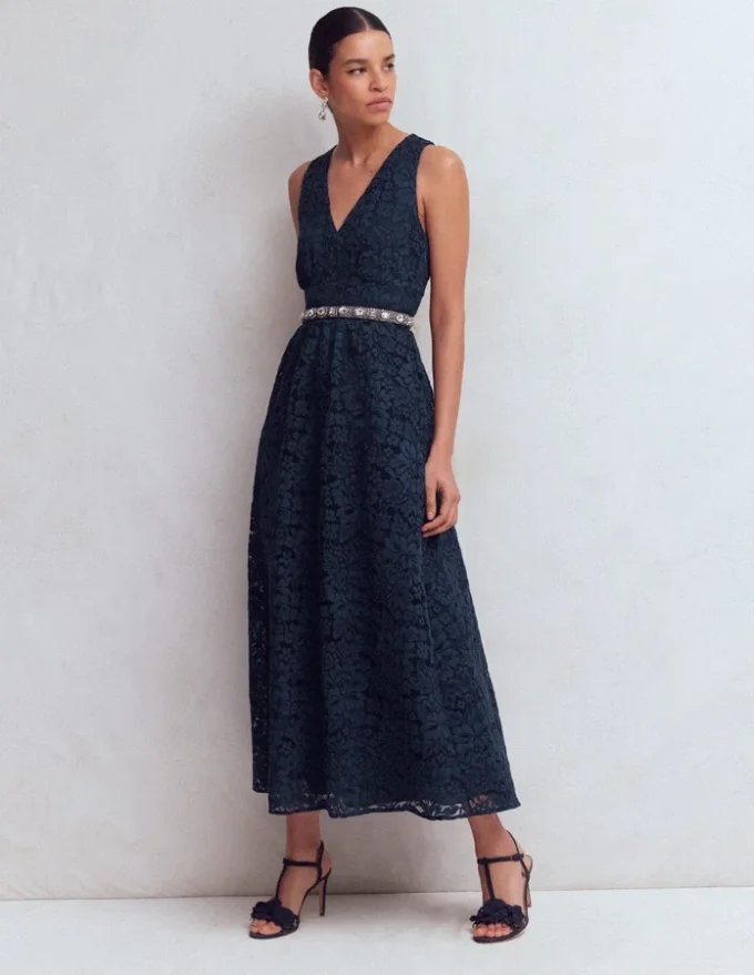 Lace Plunge Neck Panel Dress Navy Lace Plunge Neck Panel Dress Navy