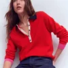 Lara Cotton Henley Jumper Red Lara Cotton Henley Jumper Red