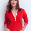 Lara Cotton Henley Jumper Red Lara Cotton Henley Jumper Red
