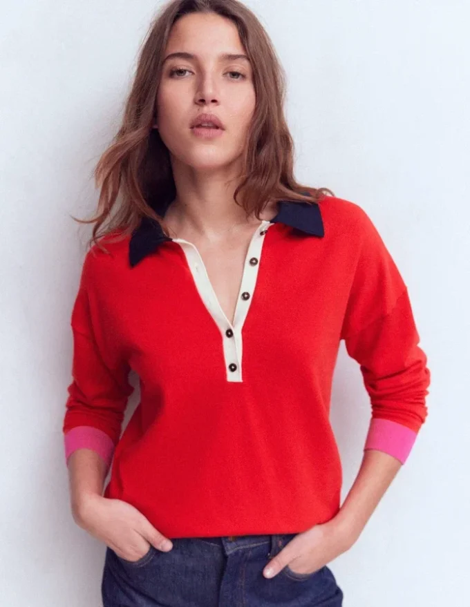 Lara Cotton Henley Jumper Red Lara Cotton Henley Jumper Red