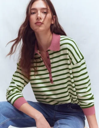 Lara Cotton Henley Jumper Warm Ivory, Courtyard Stripe