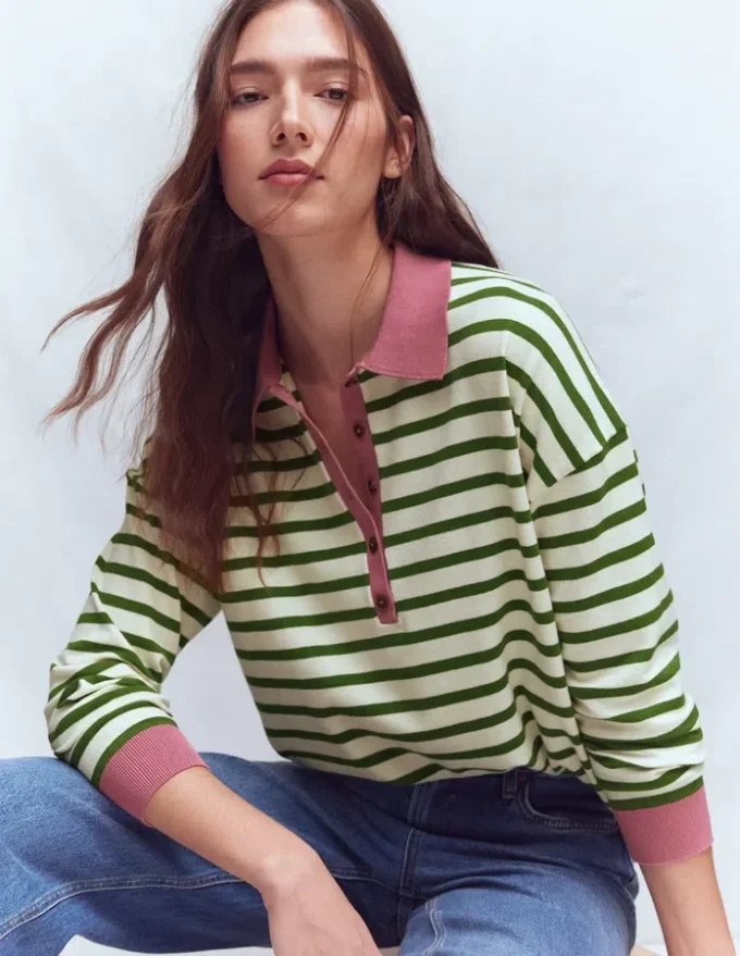 Lara Cotton Henley Jumper Warm Ivory, Courtyard Stripe Lara Cotton Henley Jumper Warm Ivory, Courtyard Stripe