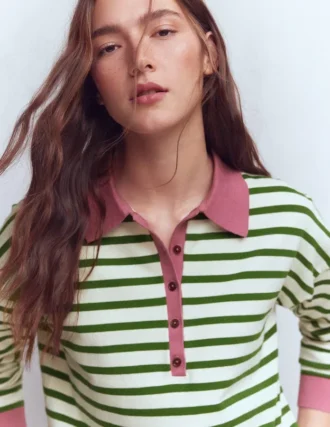 Lara Cotton Henley Jumper Warm Ivory, Courtyard Stripe