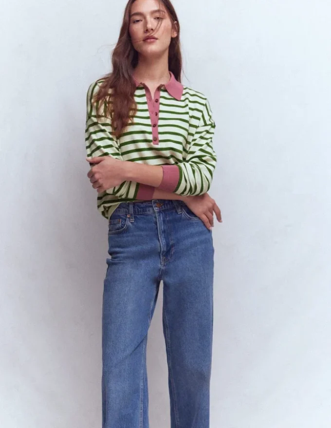 Lara Cotton Henley Jumper Warm Ivory, Courtyard Stripe Lara Cotton Henley Jumper Warm Ivory, Courtyard Stripe