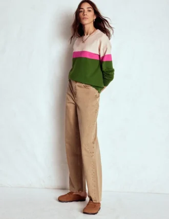 Lara Relaxed Cotton Jumper Courtyard Green / Pink Yarrow
