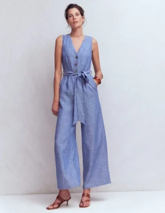 Laura V-neck Linen Jumpsuit Authentic Blue Chambray