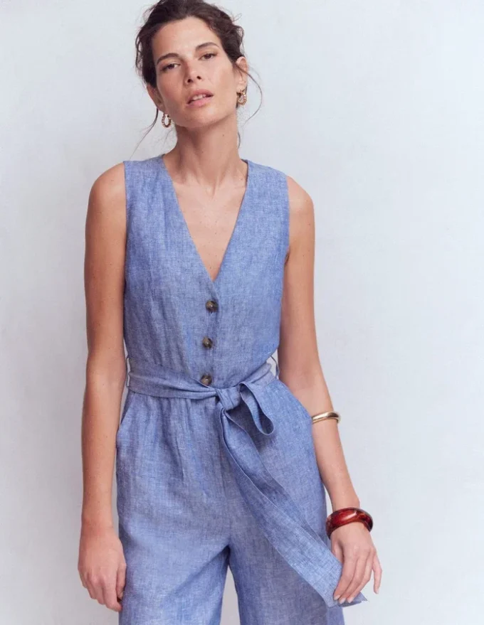 Laura V-neck Linen Jumpsuit Authentic Blue Chambray Laura V-neck Linen Jumpsuit Authentic Blue Chambray