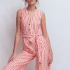 Laura V-neck Linen Jumpsuit Red, Ivory Stripe Laura V-neck Linen Jumpsuit Red, Ivory Stripe