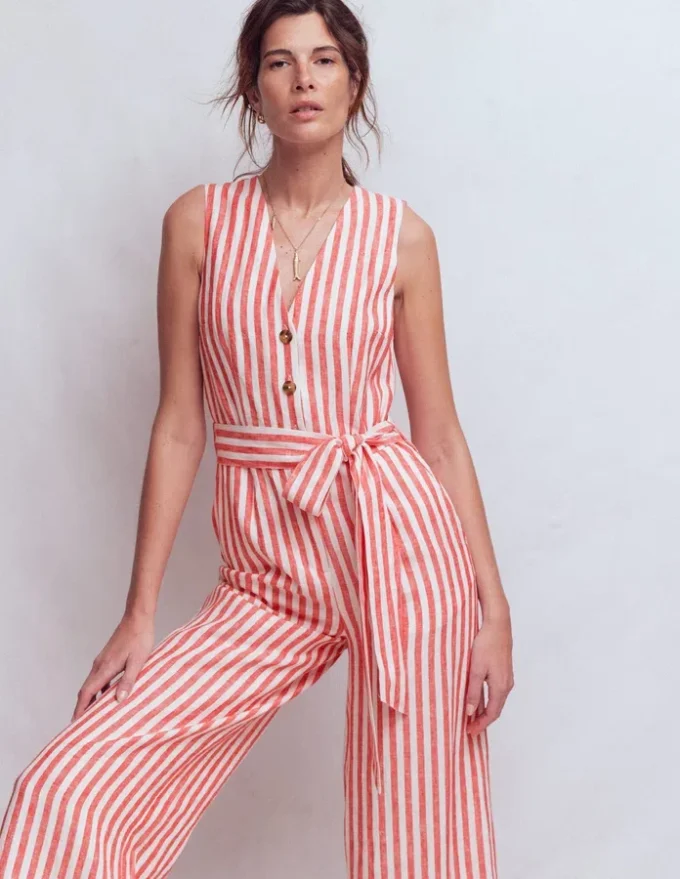 Laura V-neck Linen Jumpsuit Red, Ivory Stripe Laura V-neck Linen Jumpsuit Red, Ivory Stripe
