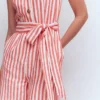 Laura V-neck Linen Jumpsuit Red, Ivory Stripe Laura V-neck Linen Jumpsuit Red, Ivory Stripe