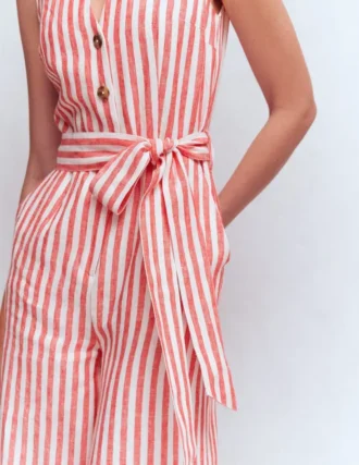 Laura V-neck Linen Jumpsuit Red, Ivory Stripe
