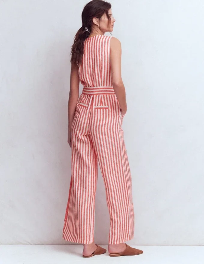 Laura V-neck Linen Jumpsuit Red, Ivory Stripe Laura V-neck Linen Jumpsuit Red, Ivory Stripe
