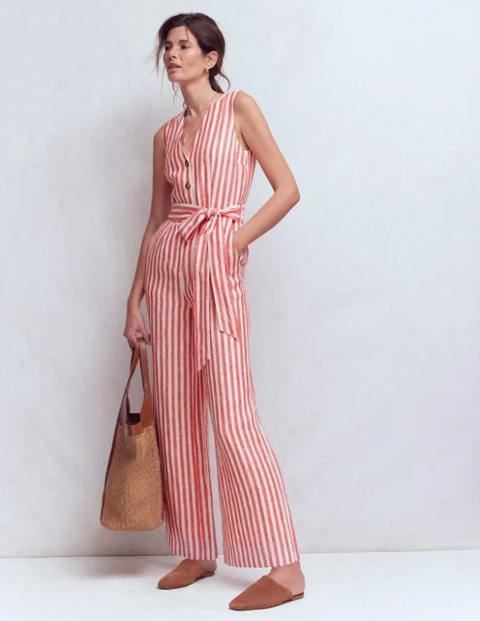 Laura V-neck Linen Jumpsuit Red, Ivory Stripe Laura V-neck Linen Jumpsuit Red, Ivory Stripe
