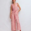 Laura V-neck Linen Jumpsuit Red, Ivory Stripe Laura V-neck Linen Jumpsuit Red, Ivory Stripe