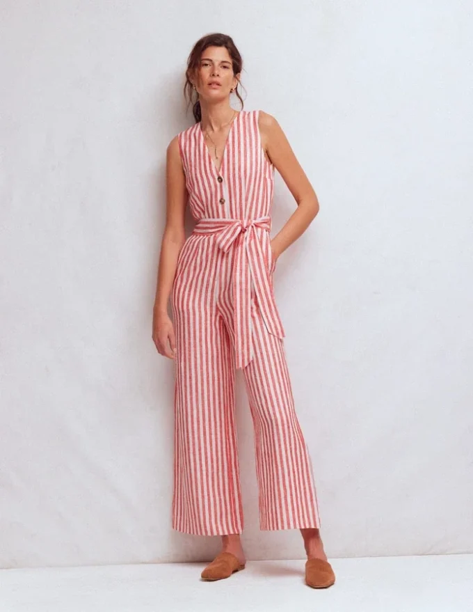 Laura V-neck Linen Jumpsuit Red, Ivory Stripe Laura V-neck Linen Jumpsuit Red, Ivory Stripe