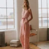 Laura V-neck Linen Jumpsuit Red, Ivory Stripe Laura V-neck Linen Jumpsuit Red, Ivory Stripe