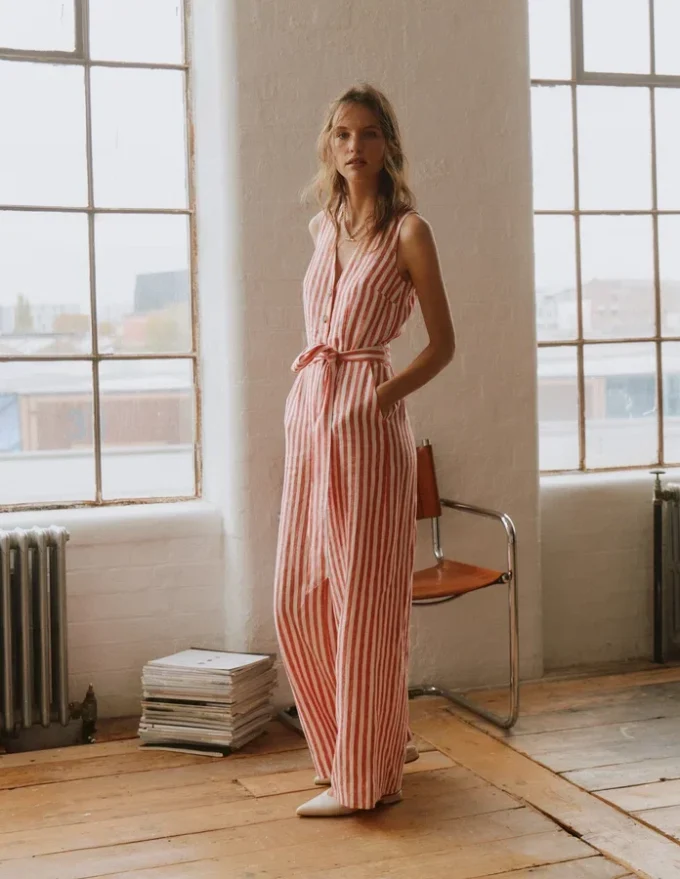 Laura V-neck Linen Jumpsuit Red, Ivory Stripe Laura V-neck Linen Jumpsuit Red, Ivory Stripe