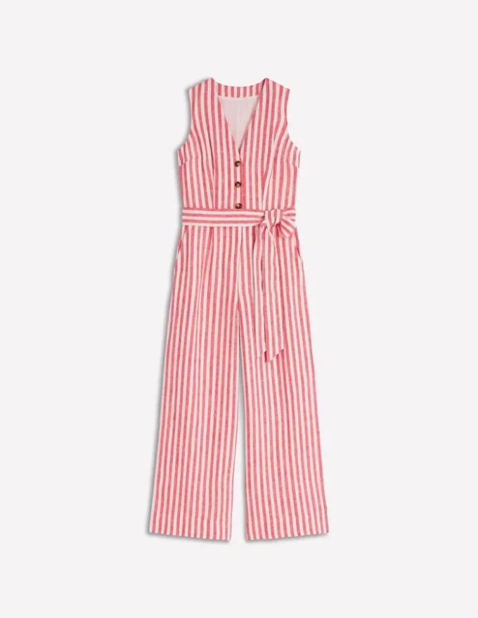 Laura V-neck Linen Jumpsuit Red, Ivory Stripe Laura V-neck Linen Jumpsuit Red, Ivory Stripe